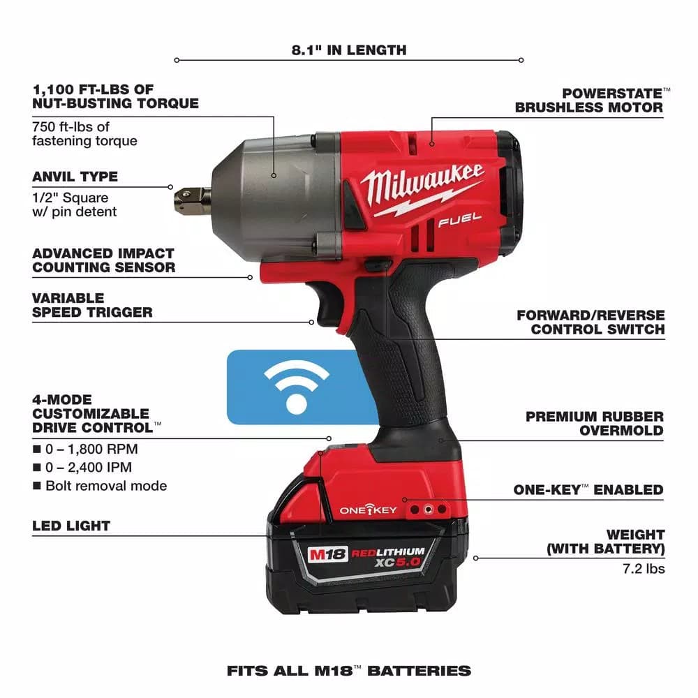 Milwaukee M18 FUEL ONE-KEY 1/2 in. High Torque Impact Wrench Kit with (2) 5.0 Ah Batteries