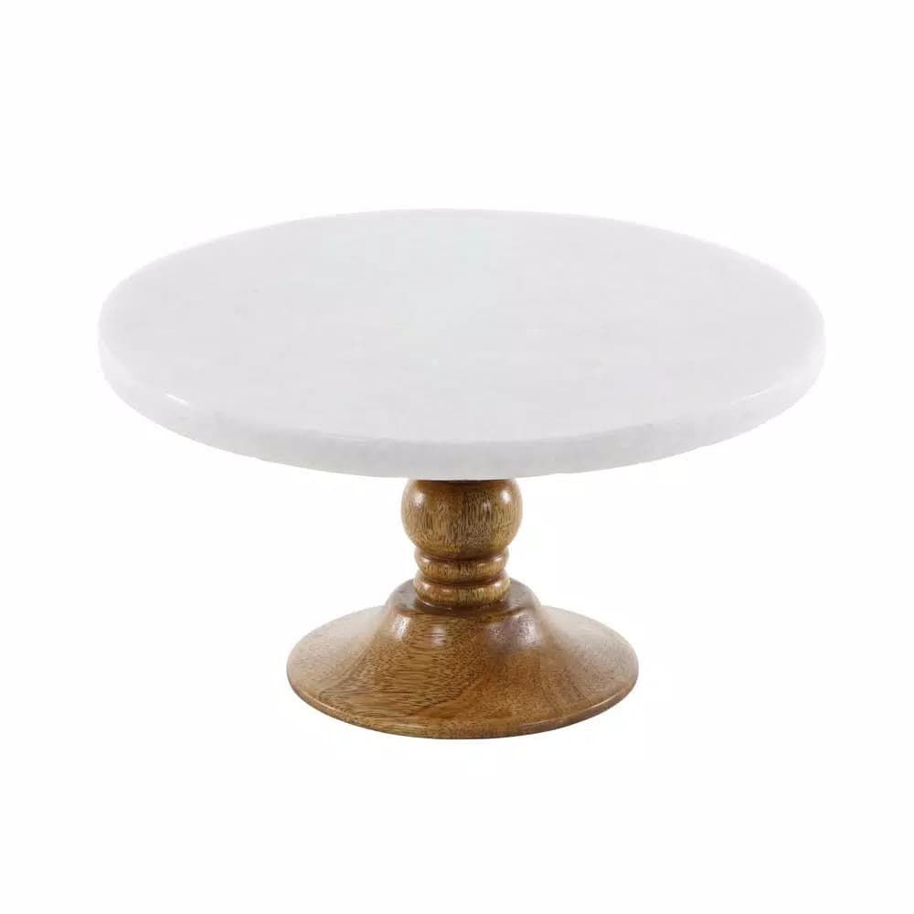 LITTON LANE 10 in. White Marble and Mango Wood Cake Stand, Brown Wood Base