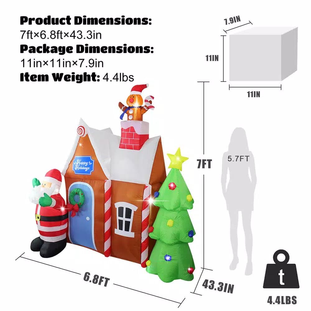 JOYDECOR 7 ft. Santa Claus & Gingerbread House Christmas Inflatable with LED Lights