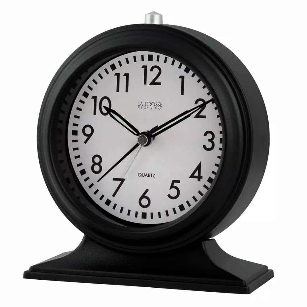 La Crosse Clock Co. Silent Sweep Black Mantel Alarm Clock with Luminous Hands