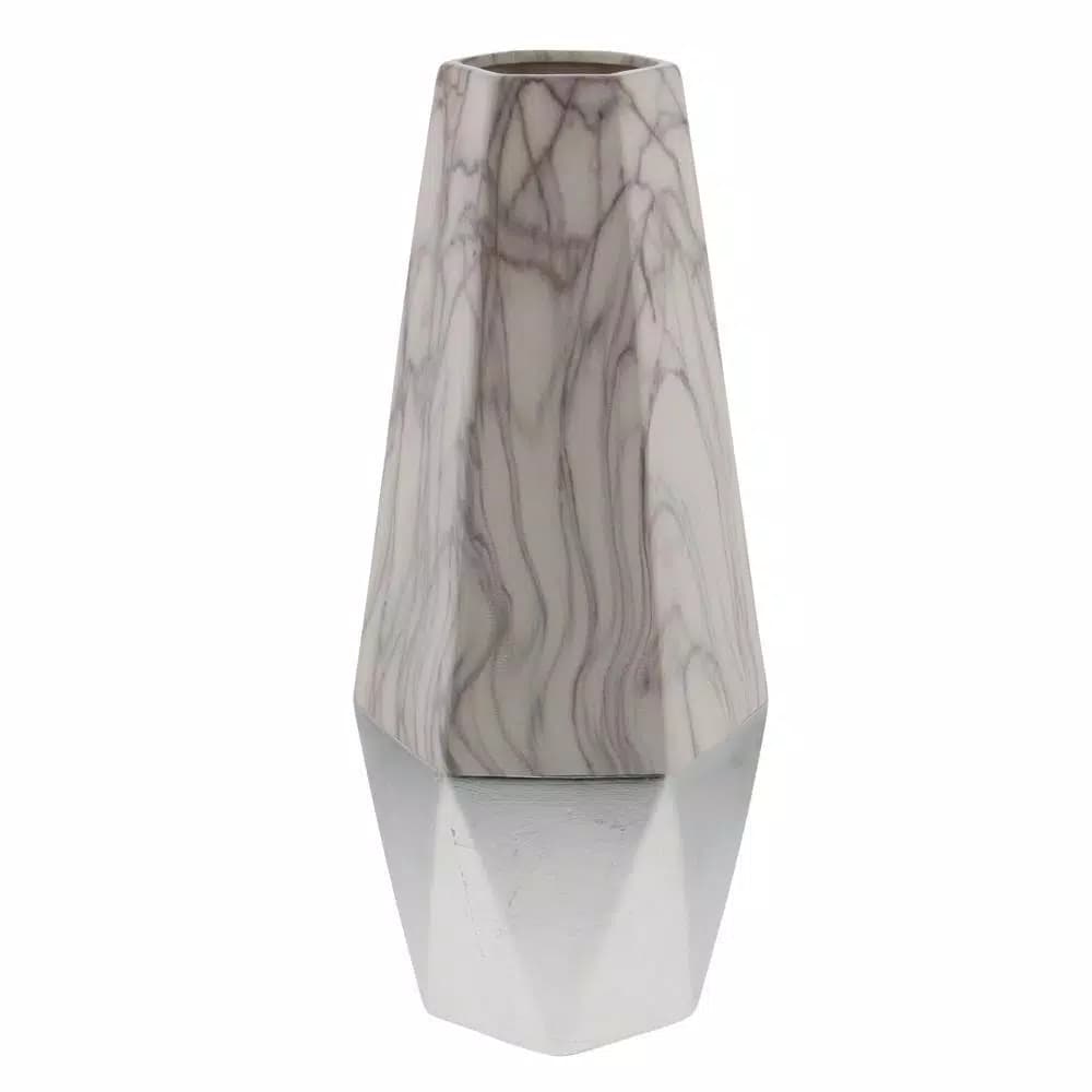 LITTON LANE Modern Reflections 18 in. Ceramic Geometric Vase - White and Silver Marbled Finish