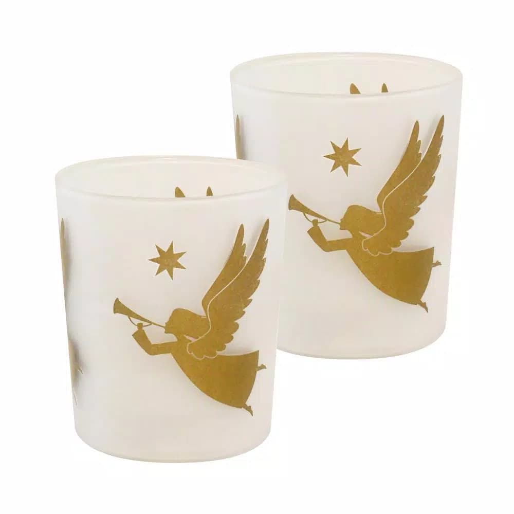 LUMABASE Gold Angels Battery Operated LED Candles with Timer, Frosted Glass and Genuine Wax, 2-Count