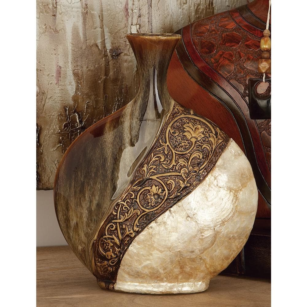 LITTON LANE 14 in. Mediterranean Ceramic and Capiz Shell Urn Vase - Brown and Gold