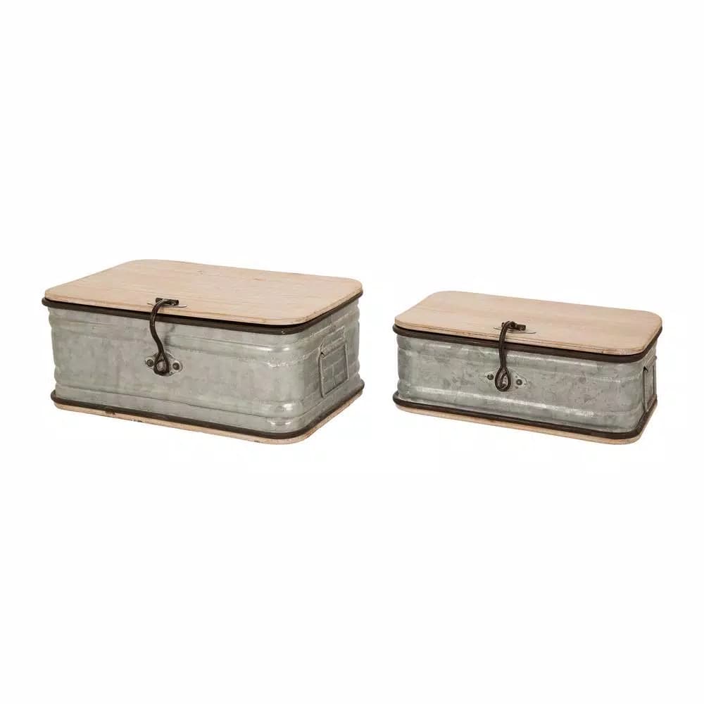 Glitzhome Farmhouse Galvanized Metal Container Set with Wood Lids and Bases, Set of 2
