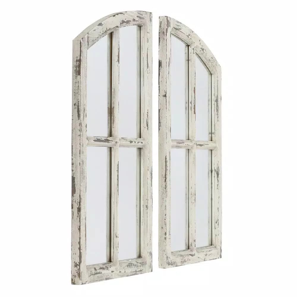 Aspire Home Accents Pueblo Distressed Off-White Wood Arch Windowpane Mirror Set (27 x 15 in.)