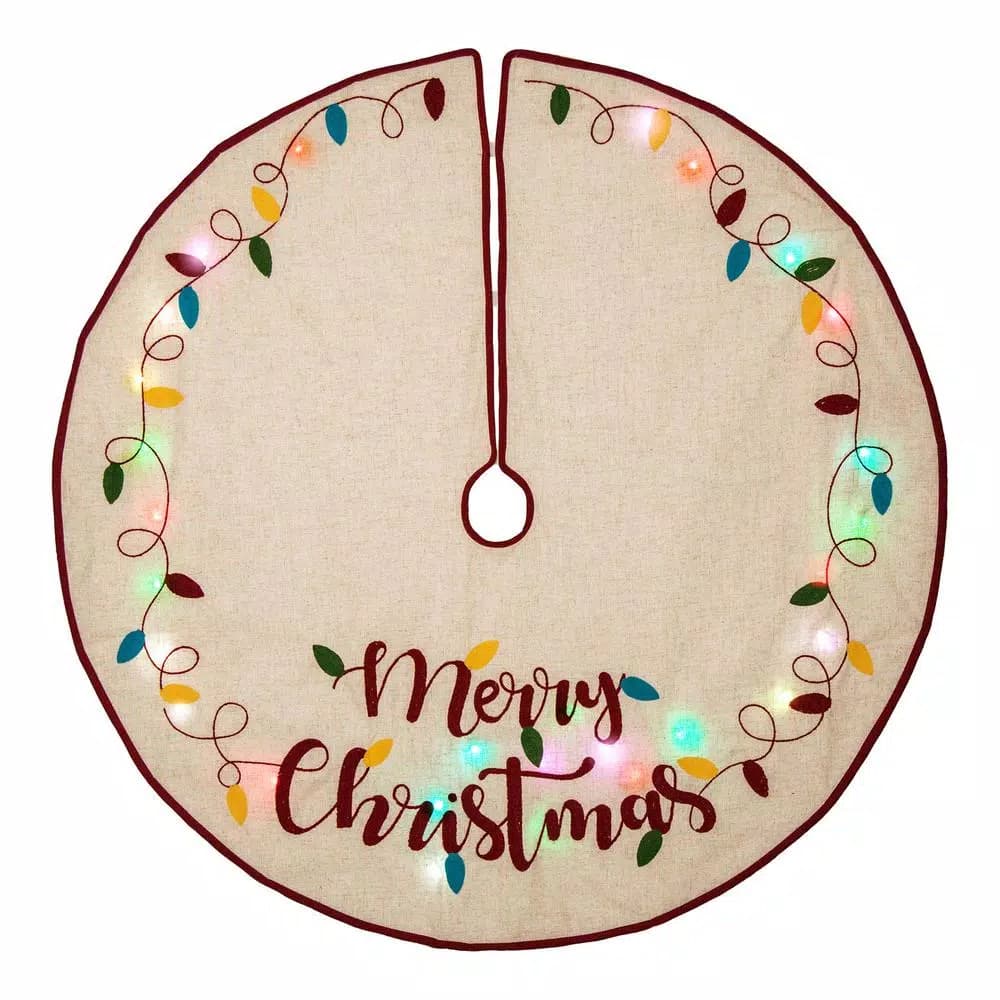 Glitzhome 48 in. LED Embroidered Linen Christmas Tree Skirt - Merry Christmas