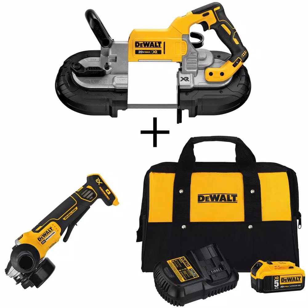 DEWALT 20V MAX XR Cordless Brushless Deep Cut Band Saw & 4-1/2 in. Grinder Kit with 5.0Ah Battery and Charger