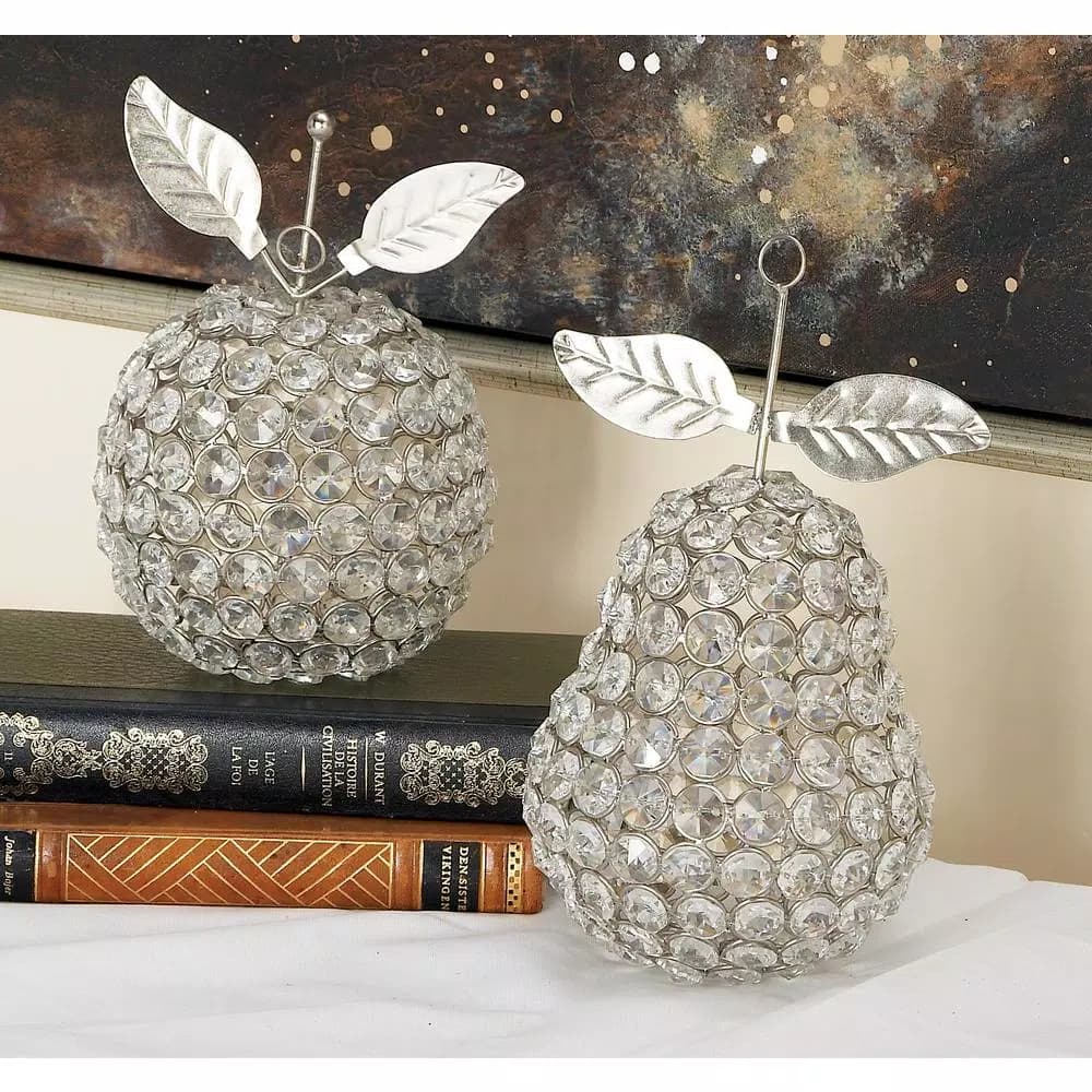 LITTON LANE 7 in. Silver Metal and Acrylic Rhinestone Apple and Pear Decor Set of 2