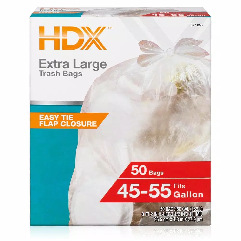 HDX 50 Gallon Extra Large Clear Trash Bags, 1.1 Mil Thick, 50 Count
