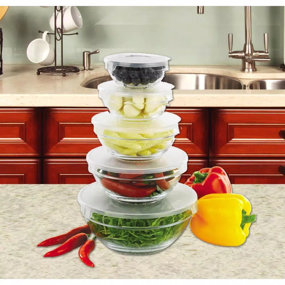 HOME basics 5-Piece Glass Bowl Set with Airtight Plastic Lids