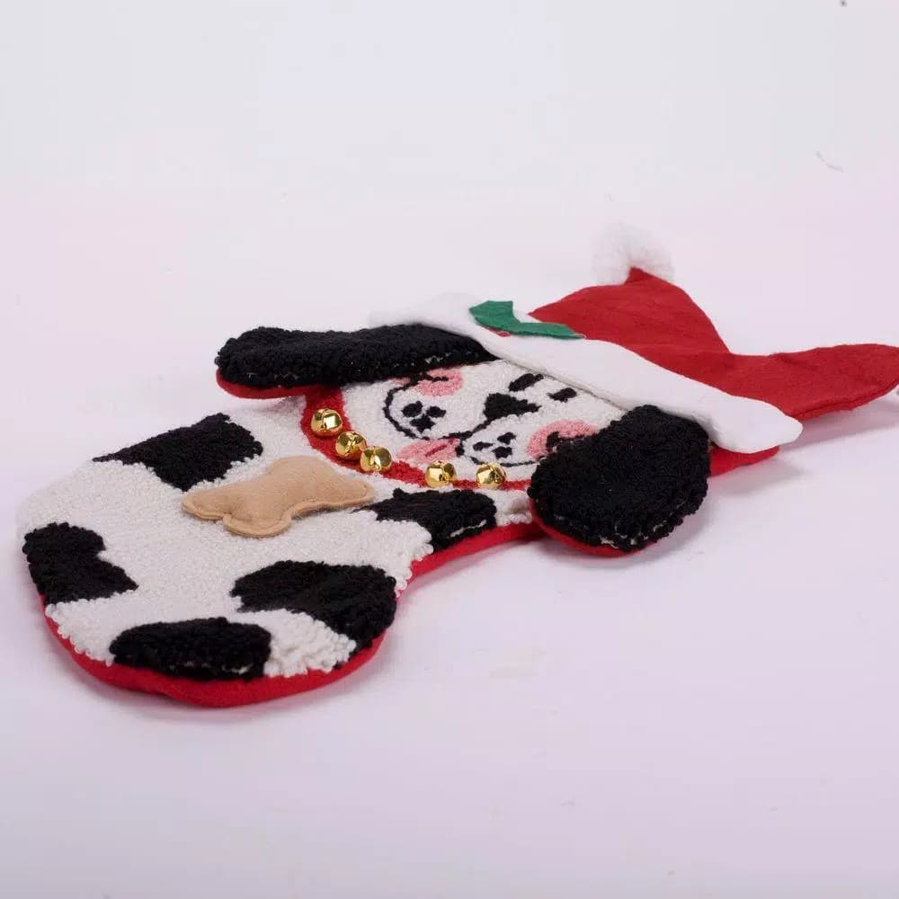 Glitzhome 22 in. Hooked 3D Dog Christmas Stocking - Red, White, and Black Spotted Dog Holiday Decor