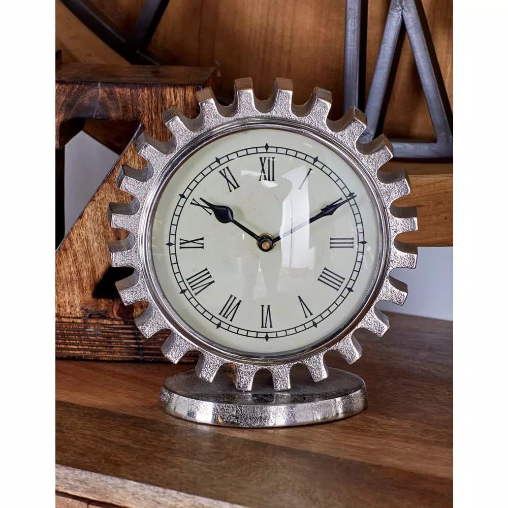 LITTON LANE Vintage Silver Gear Table Clock - Industrial Style Analog Quartz Clock