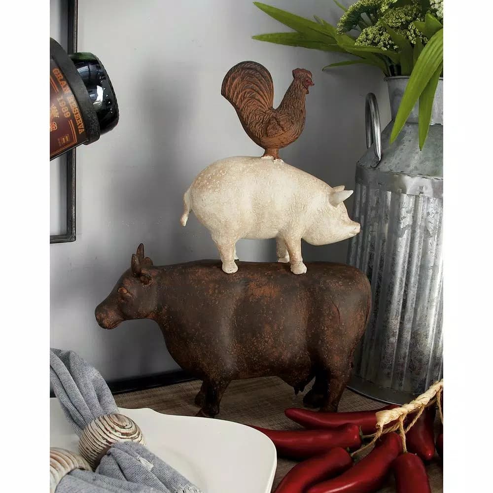 LITTON LANE Polystone Stacked Barnyard Animals Sculpture - Rustic Farmhouse Decor