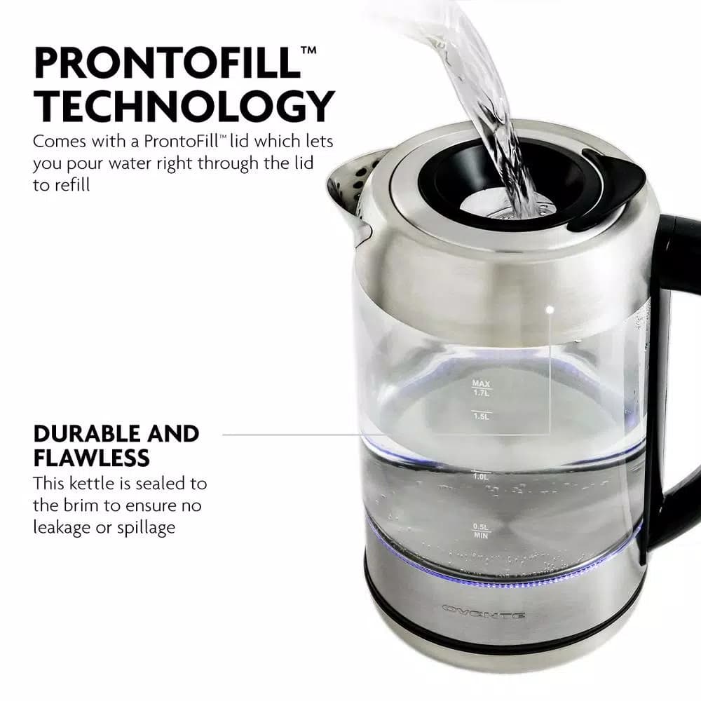Ovente KG612S 1.7L Glass Electric Kettle, 1500W Silver Stainless Steel with Blue LED Light