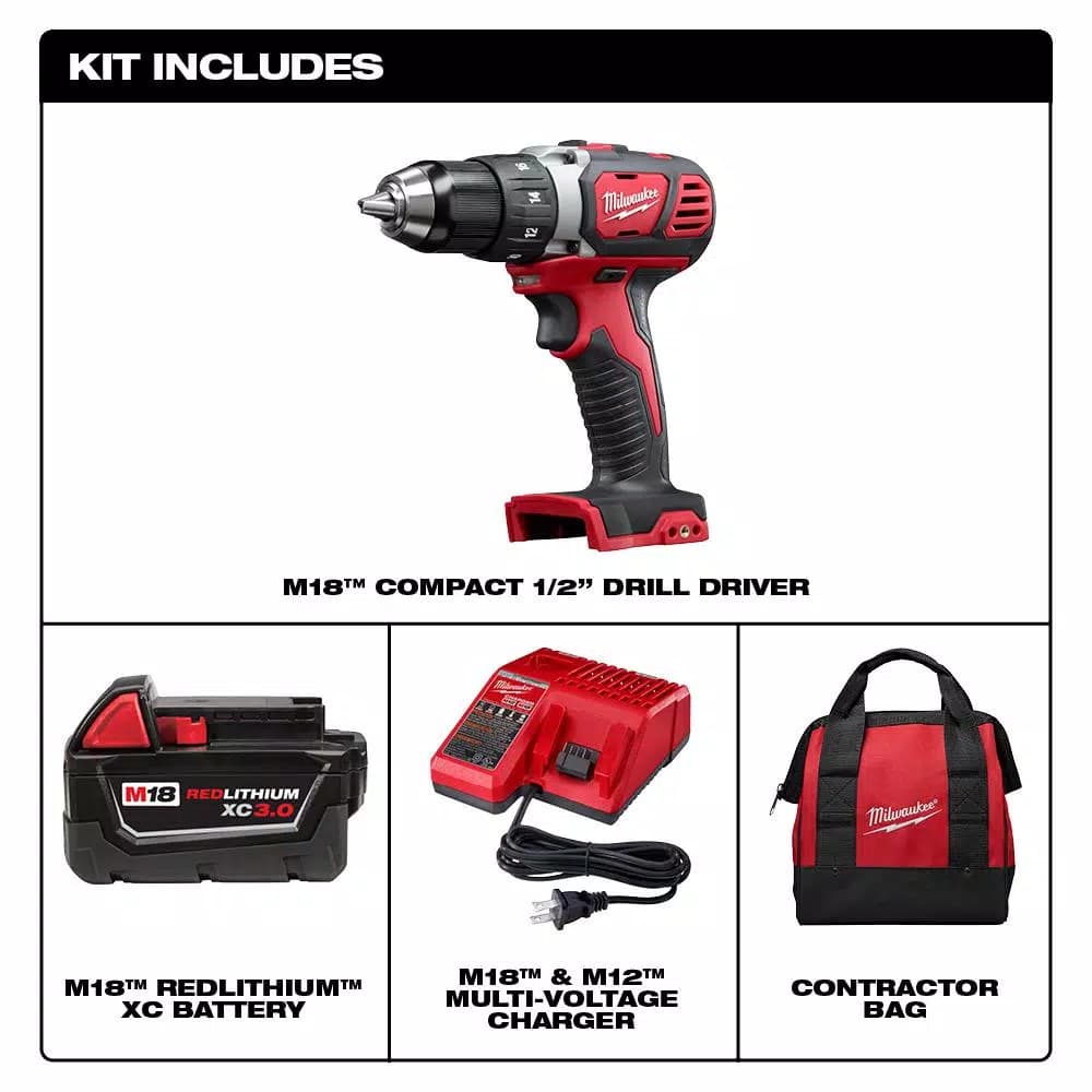 Milwaukee M18 18V Compact 1/2 in. Cordless Drill Driver Kit with 3.0 Ah Battery, Charger & Bag