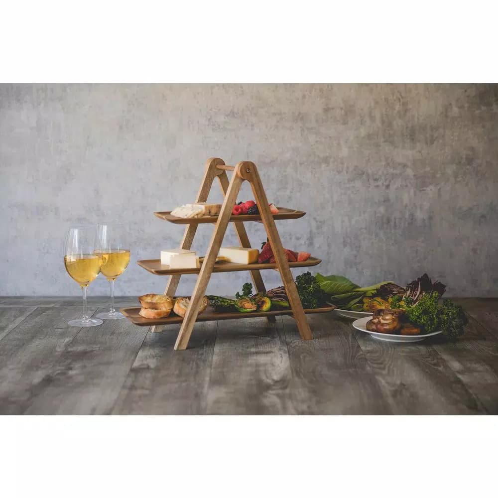 Picnic Time Acacia Wood 3-Tier Serving Ladder Station Set with Removable Trays