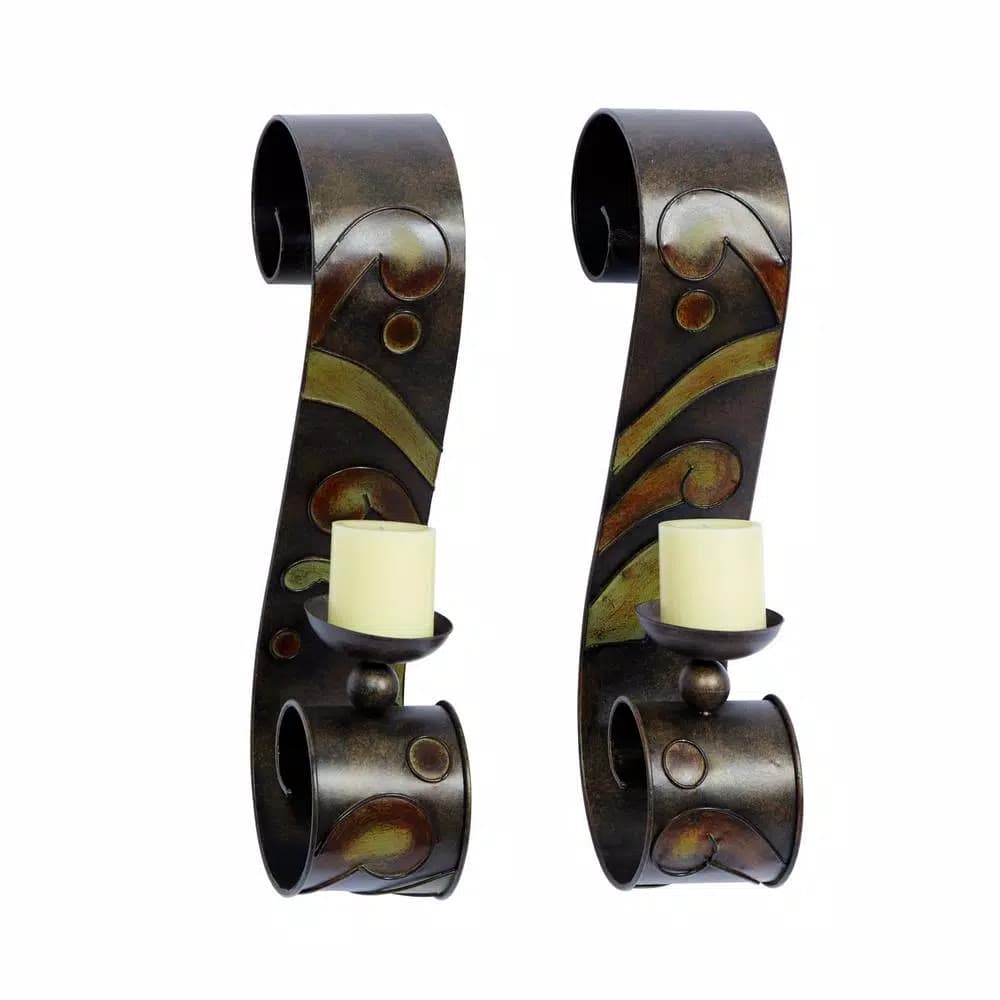LITTON LANE 19 in. Scrolled Iron Candle Sconces with Metallic Brown Finish (Pair)