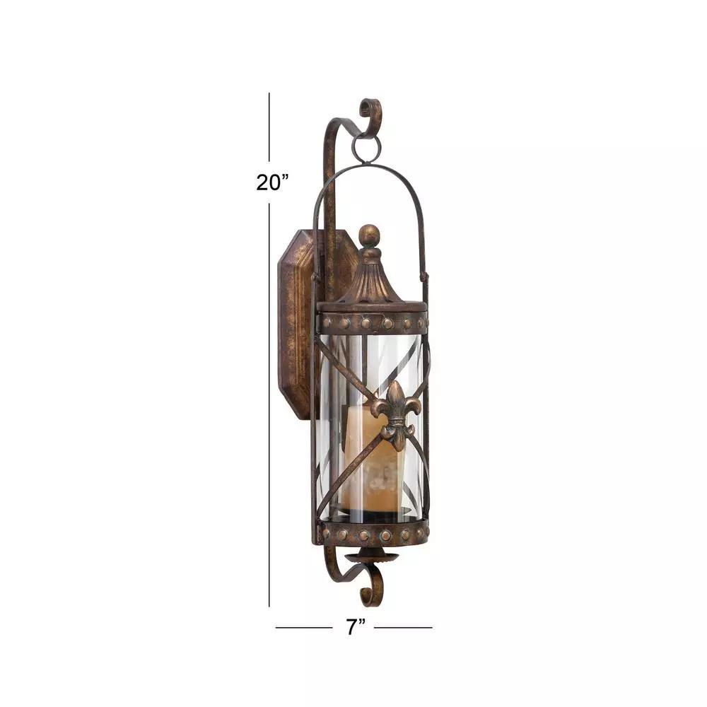 LITTON LANE Old World Riveted Burnished Bronze Iron Candle Sconce with Fleur-de-lis Motif