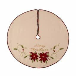 Glitzhome 48 in. Poinsettia Fabric Christmas Tree Skirt with Holly and Red Berries thumbnail 1