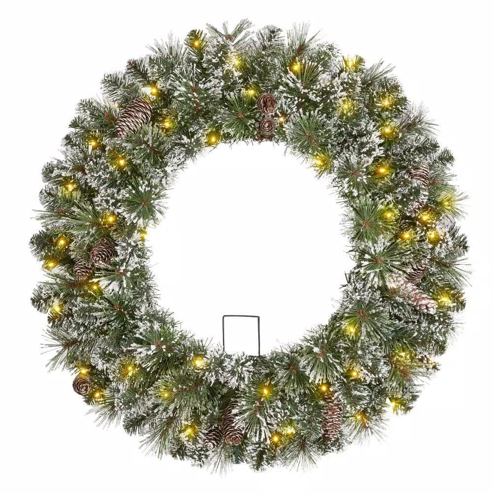 Home Accents Holiday 30in. Sparkling Amelia Pine Pre-lit LED Artificial Christmas Wreath with 50 Warm White Micro-Dot Lights