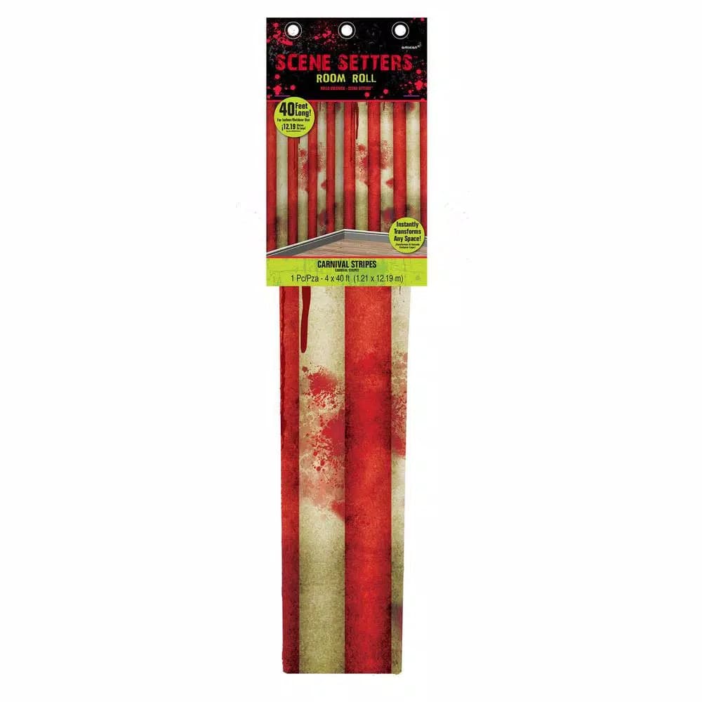 Amscan 48 in. Creepy Carnival Striped Halloween Scene Setter Room Roll, 40 ft. Blood Splattered Red and White