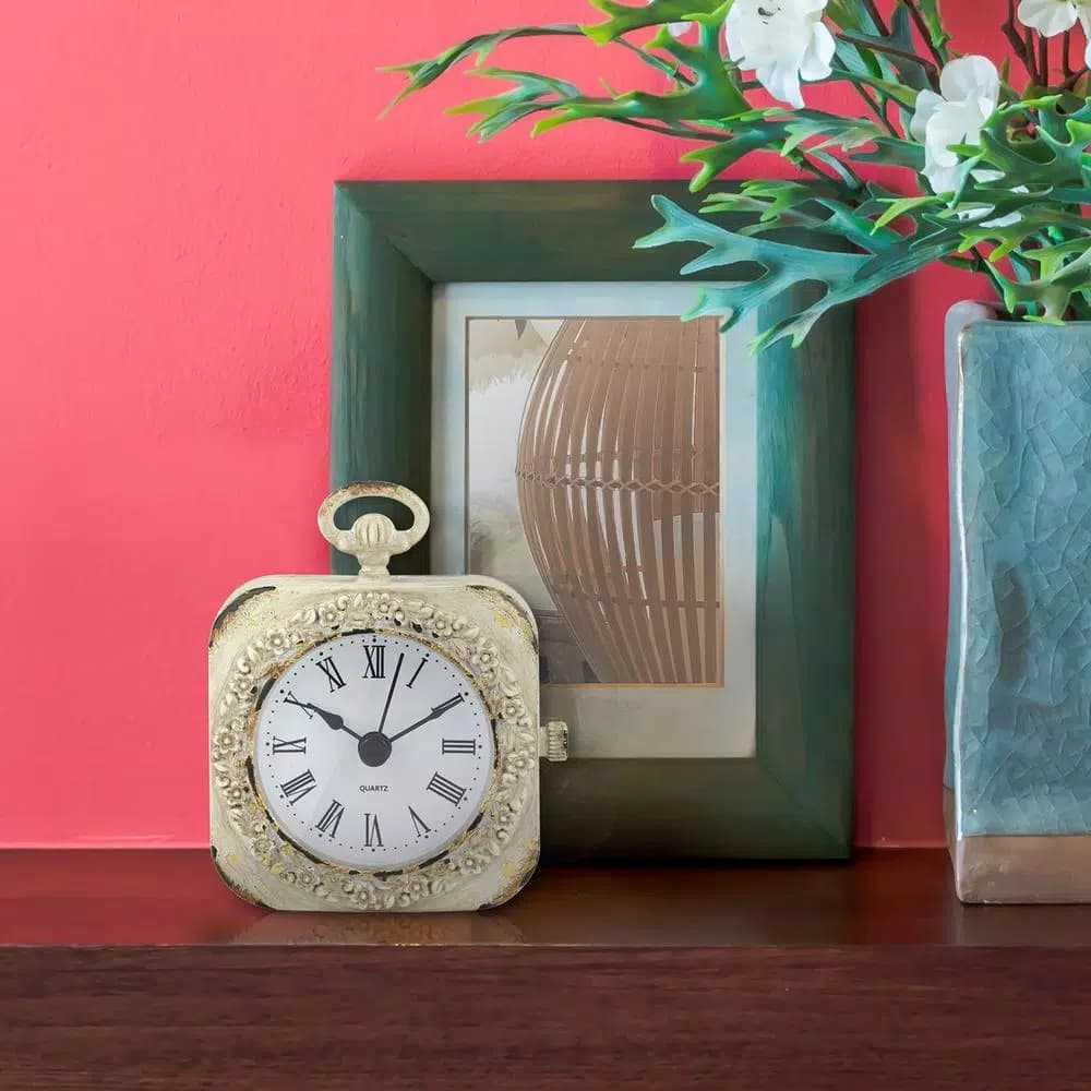 Stonebriar Collection Weathered White Metal Tabletop Analog Clock with Roman Numerals