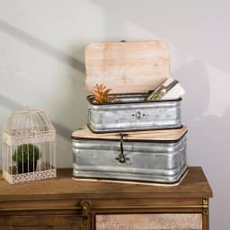 Glitzhome Farmhouse Galvanized Metal Container Set with Wood Lids and Bases, Set of 2 thumbnail 1