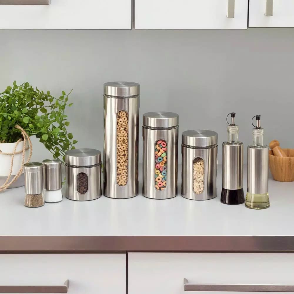 Home Basics Essence 4-Piece Stainless Steel Canister Set with Glass Base