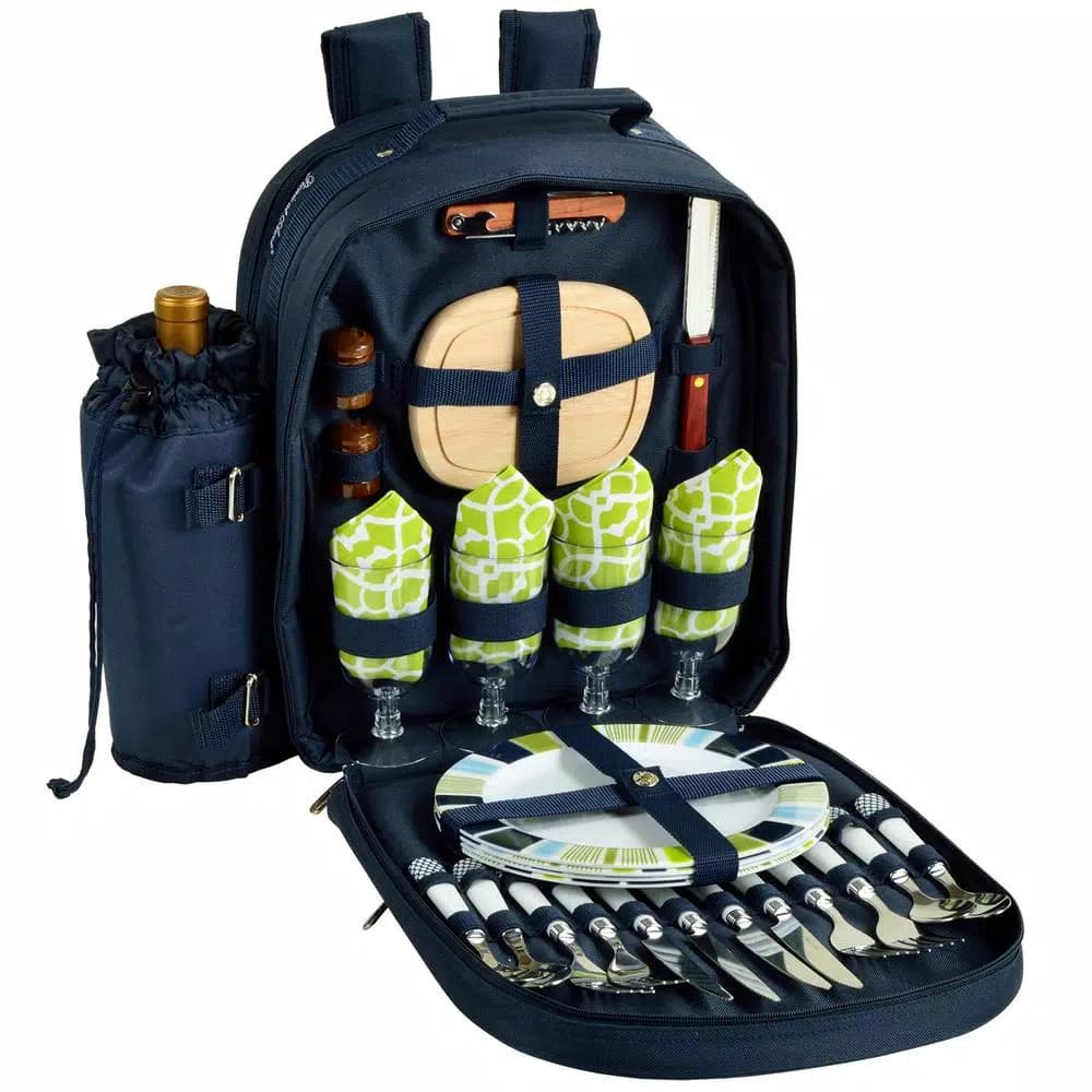 Unbranded Picnic at Ascot Trellis Collection Deluxe 4-Person Picnic Backpack - Navy and Trellis Green