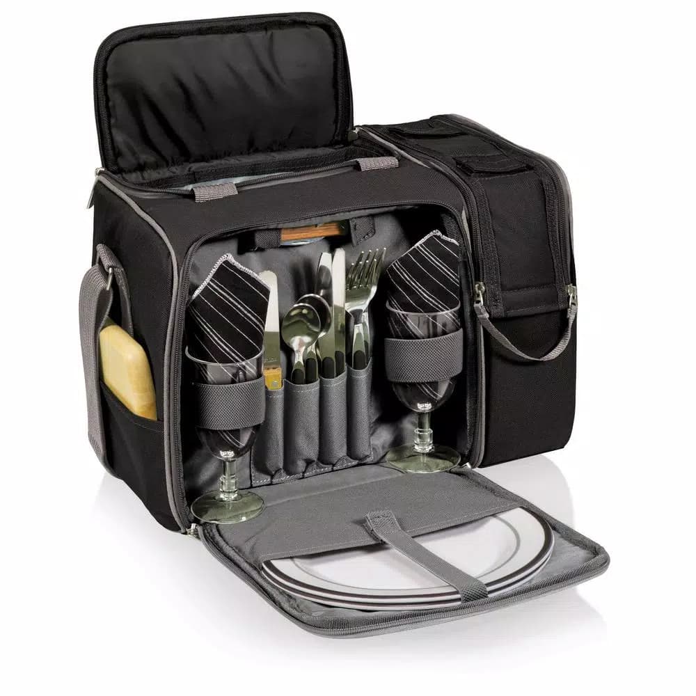 Picnic Time Malibu Black Wood Picnic Cooler Tote - Insulated Picnic Set for Two