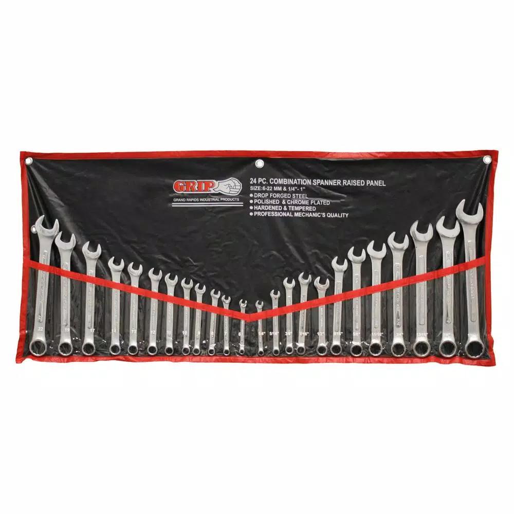 Grand Rapids Industrial Products Grip 24-Piece Chrome Plated Combination Wrench Set, Metric and SAE