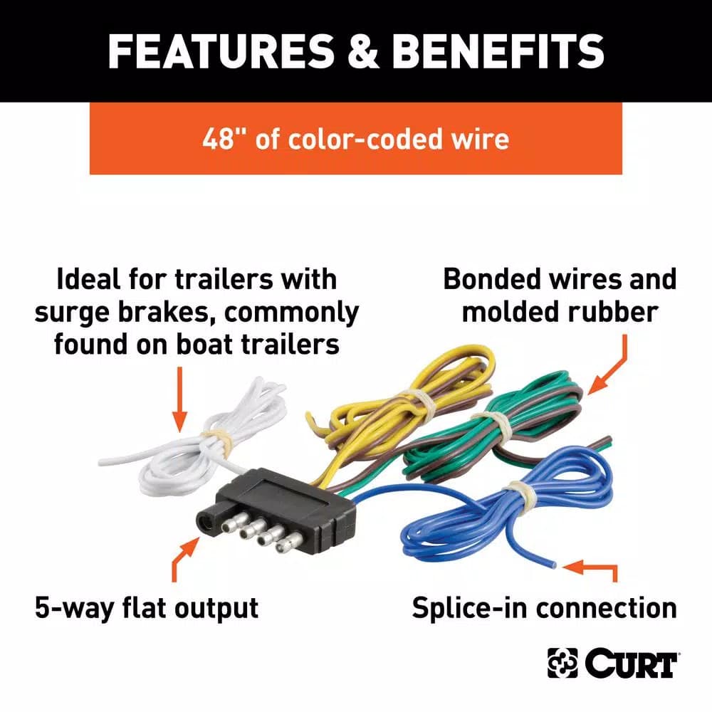 CURT 5-Way Flat Trailer Side Connector Plug with 48" Color-Coded Wires