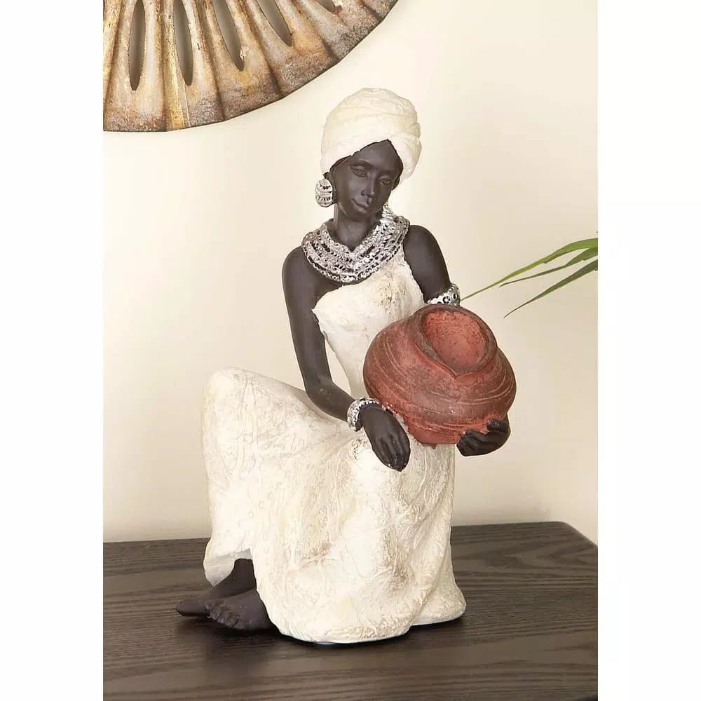 LITTON LANE Globe Trotter 10 in. African Woman Decorative Figurine - Textured Ebony, Beige, and Silver Polystone Sculpture