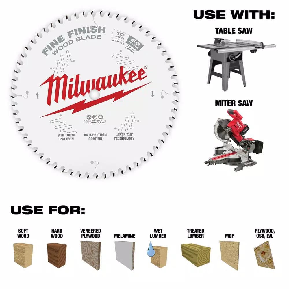 Milwaukee 10 in. 60-Tooth Fine Finish Circular Saw Blade, 5/8 in. Arbor