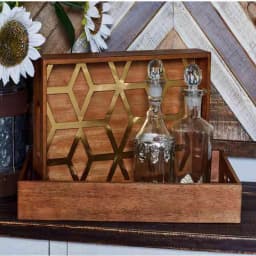 LITTON LANE Rustic Brown Wood Decorative Trays with Gold Geometric Patterns, Set of 2 thumbnail 1