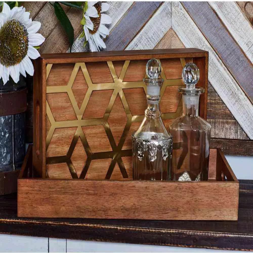 LITTON LANE Rustic Brown Wood Decorative Trays with Gold Geometric Patterns, Set of 2