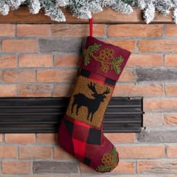 Glitzhome 19 in. Red and Black Plaid Christmas Stocking with Hooked Reindeer thumbnail 3