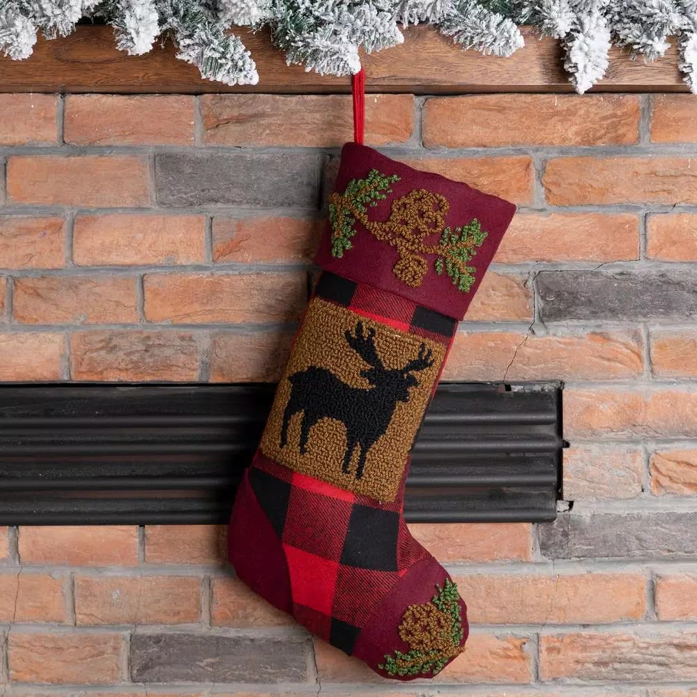 Glitzhome 19 in. Red and Black Plaid Christmas Stocking with Hooked Reindeer