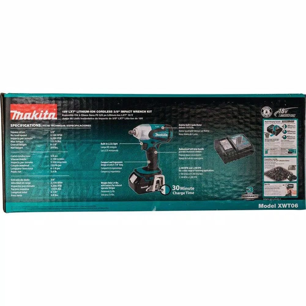 Makita 18V LXT Cordless 3/8 in. Square Drive Impact Wrench Kit with (2) 3.0Ah Batteries, Charger, and Bag