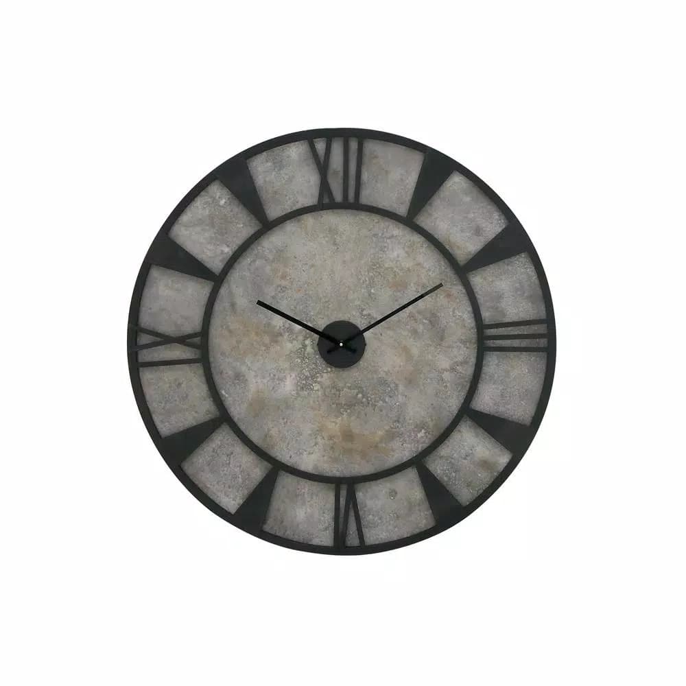 LITTON LANE 35 in. Modern Industrial Round Wall Clock - Matte Black Iron and Stone Gray Wood