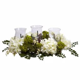 Nearly Natural 9.5 in. White Snowball Hydrangea Triple Candelabrum Decorative Floral Arrangement thumbnail 1
