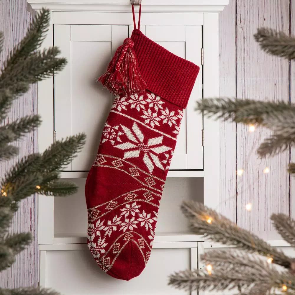 Glitzhome 24 in. Red Knitted Acrylic Christmas Stocking with Snowflake Design