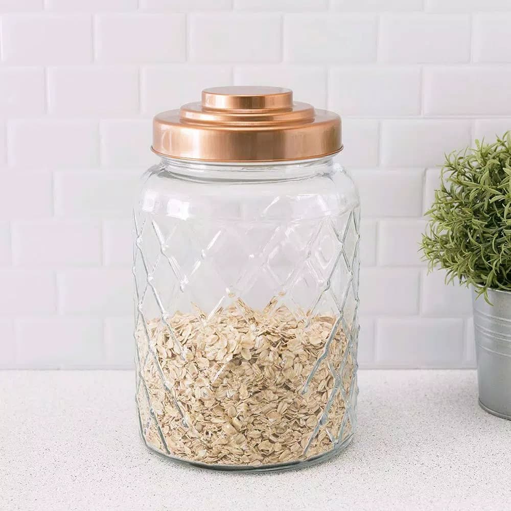 Unbranded Large 114.96 oz Glass Kitchen Canister with Ornate Etched Detail and Copper Steel Lid
