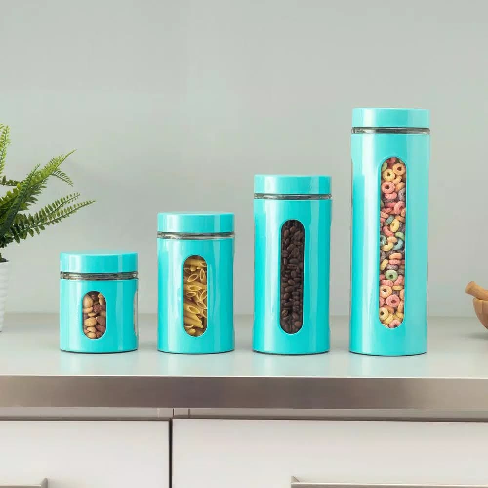 Unbranded Essence Collection 4-Piece Turquoise Stainless Steel Canister Set