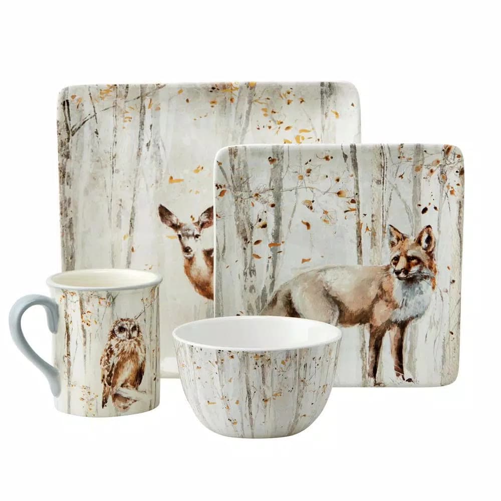 Certified International Woodland Walk 16-Piece Ceramic Dinnerware Set, Grey and Sepia, Service for 4