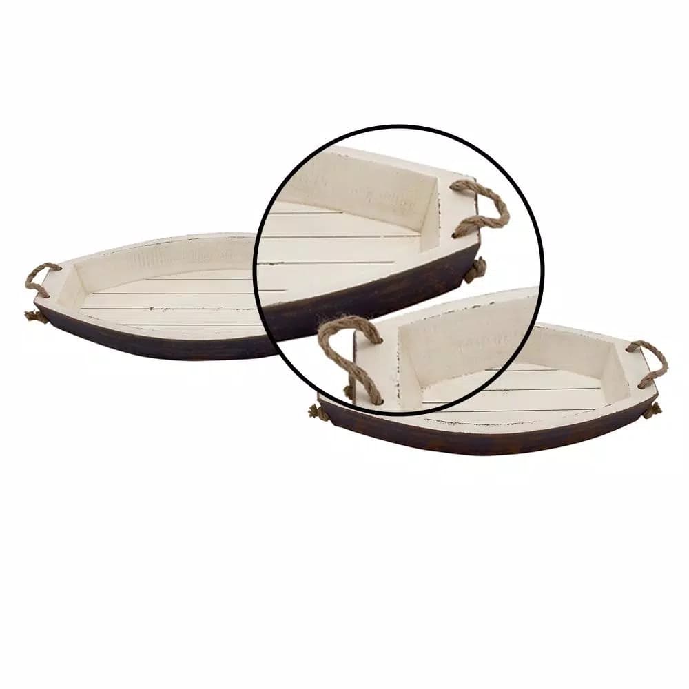 LITTON LANE Coastal Distressed Wood Boat-Shaped Decorative Trays, Set of 2