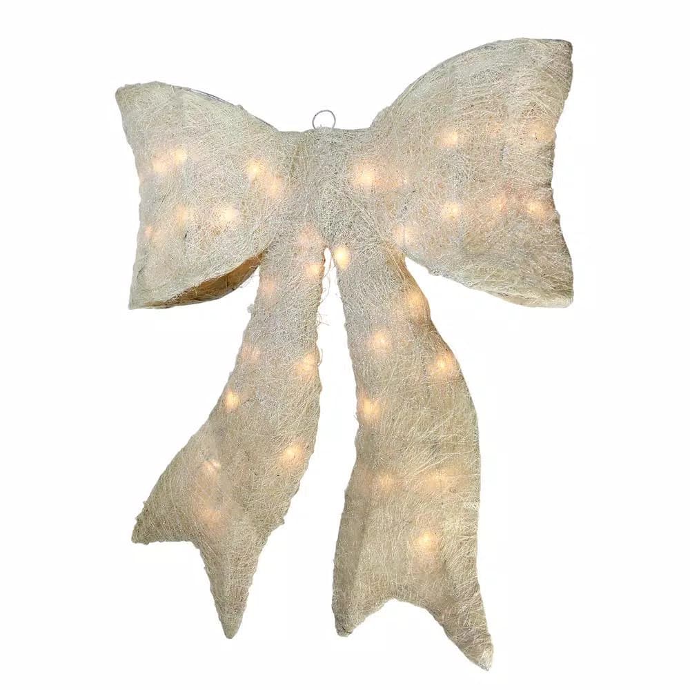 Northlight 24 in. Pre-Lit Sparkling Cream Sisal Bow Christmas Yard Decor with 35 Mini Lights