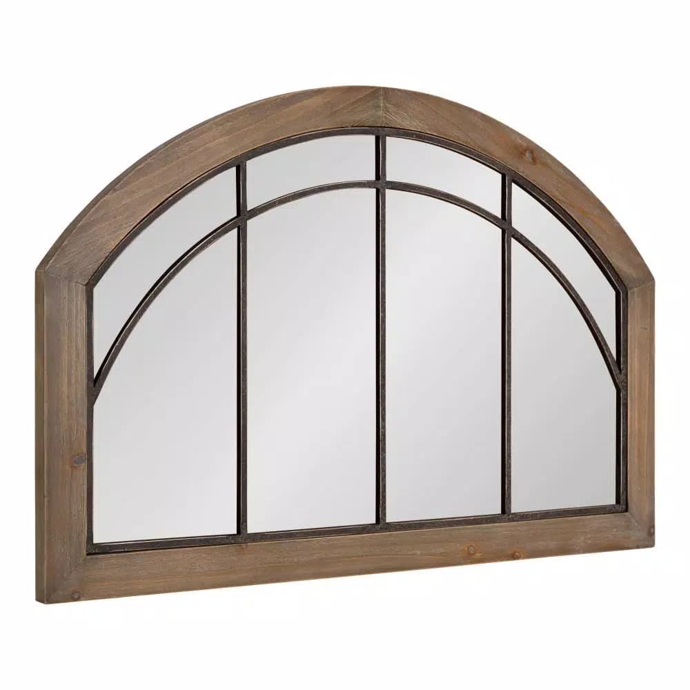 Kate and Laurel Haldron Rustic Brown Wood Arch Mirror with Iron Fretwork, 36 x 24 in.
