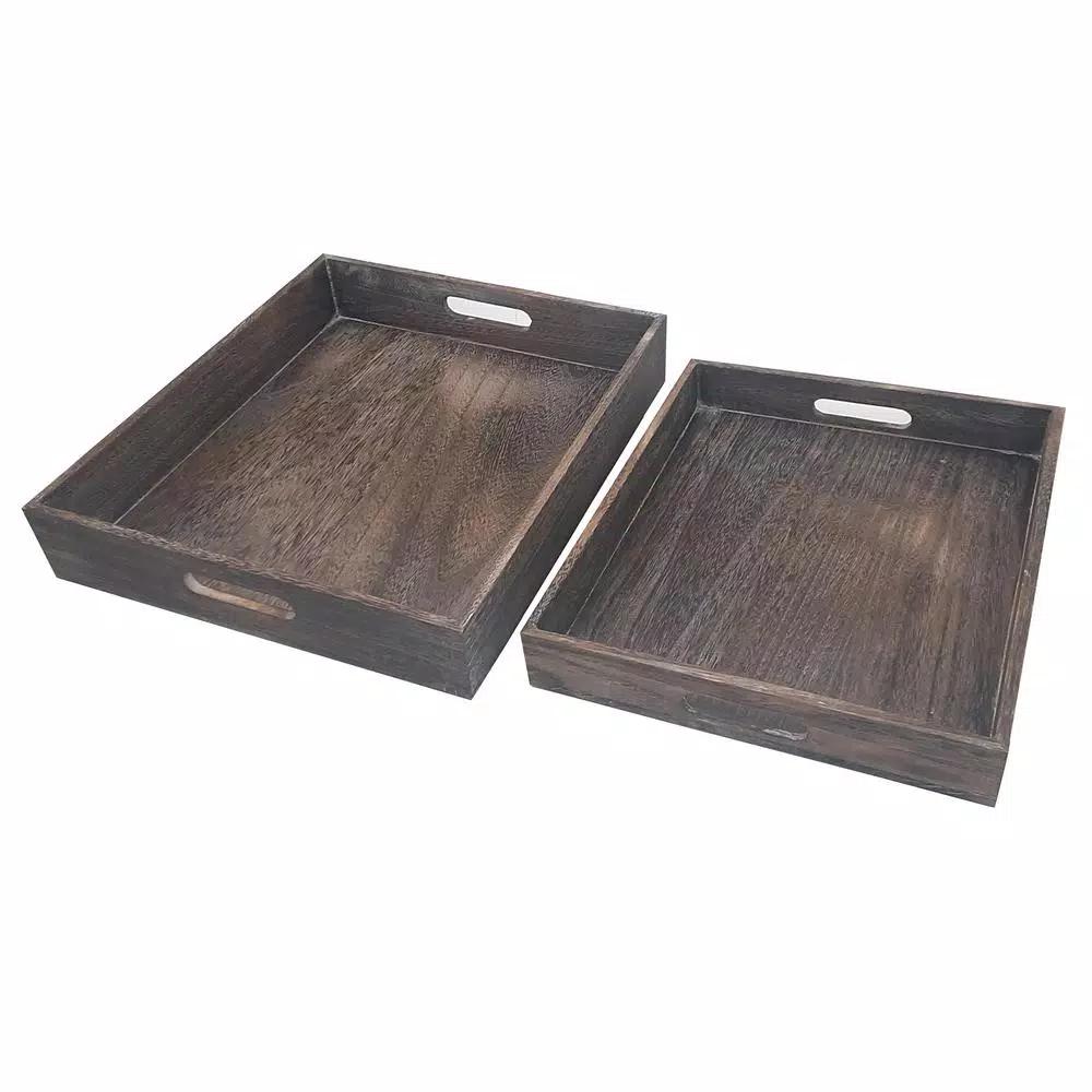 Admired By Nature Rustic Wooden Serving Tray Set of 2 with Handles, Antique Style Decorative Trays