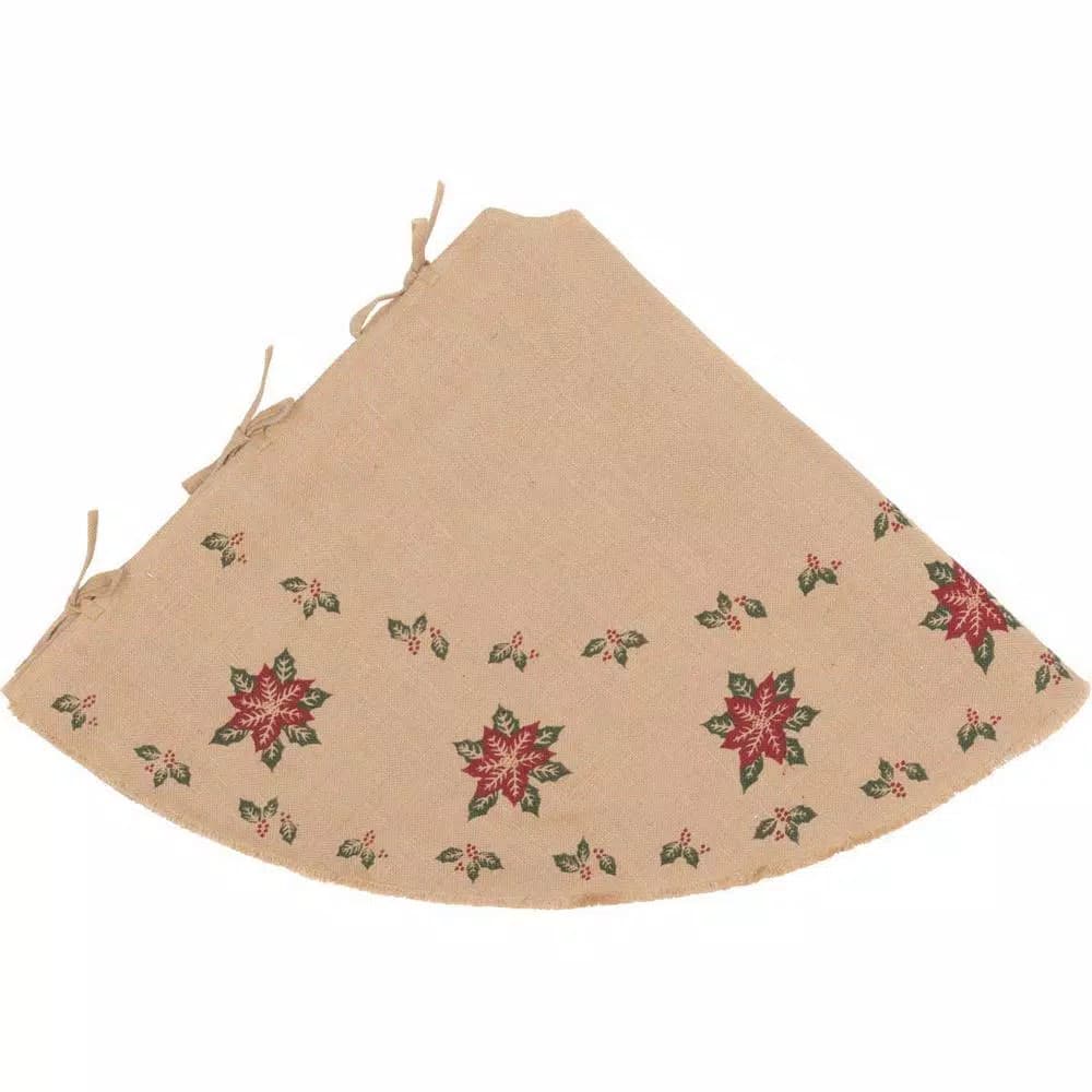VHC Brands 55 in. Jute Burlap Poinsettia Holiday Tree Skirt - Natural Tan with Holly Berries